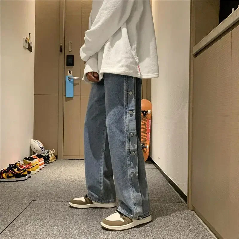 Hehope Jeans for Men Light Blue Male Cowboy Pants Button Straight Trousers with Pockets Designer Xs  Korean Autumn Wide Leg Style