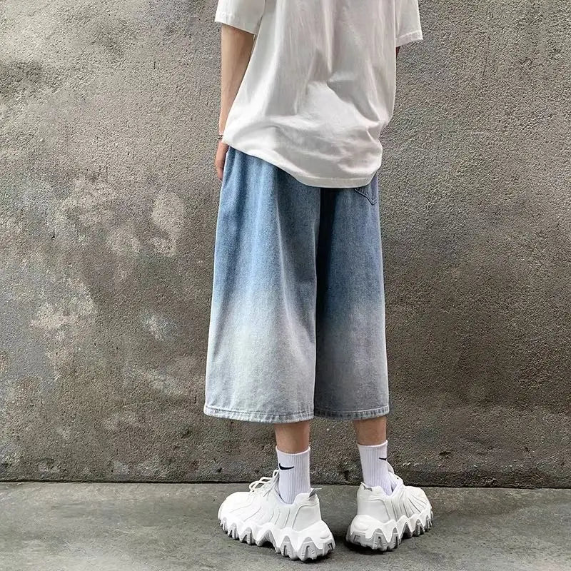 Hehope High Street Trendy Gradient Jeans Men Summer Thin Elastic Waist Drawstring Pockets Loose Casual Denim Wide Leg Calf Length Pants