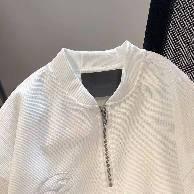 Hehope 2024 New Summer American Minimalist Casual Baseball Collar with Waffle Half Zipper Design for Loose Oversized Men's T-shirt