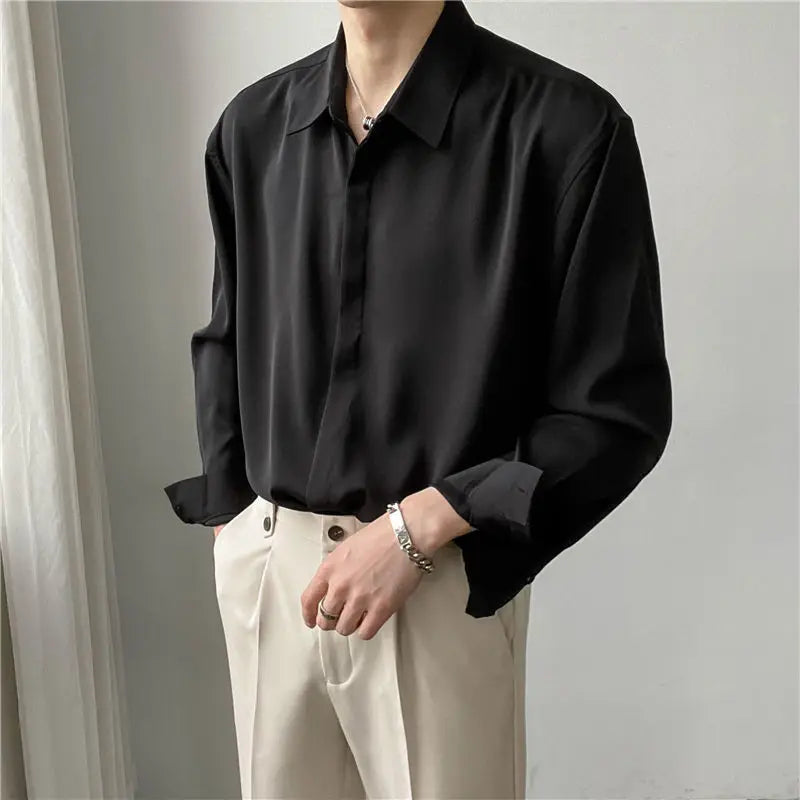 Hehope Luxury Ice Silk Men's Shirt Korean Fashion Loose Drape Solid Color Button Up Shirt Men Long Leeve Spring Business Casual Blouse