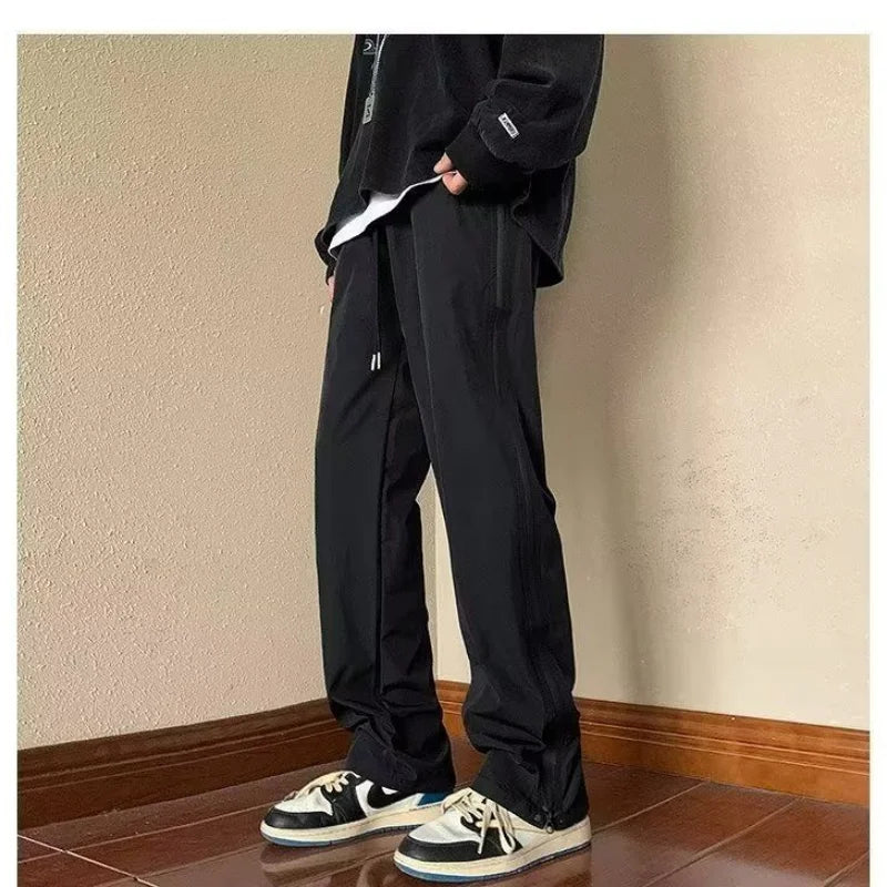 Hehope Autumn New American Trendy Rush Pants Men High Street Solid Pocket Zipper Drawstring Loose Versatile Straight Workwear Trousers