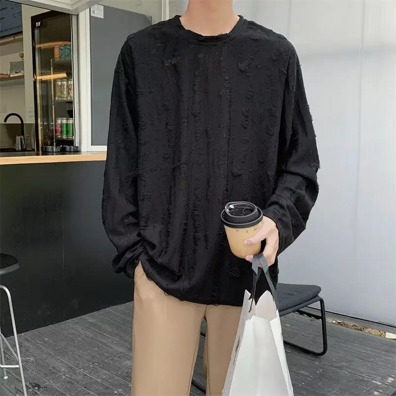 Hehope Korean INS Niche Design Men Clothing Round Neck Hole T-shirt Men and Women Long Sleeve Retro Loose Casual Drape Mens T Shirts