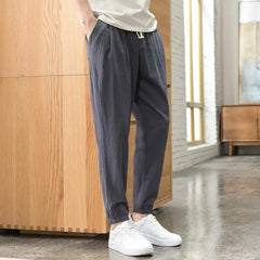 Hehope Summer Fashion Trend Men's Casual Loose Fitting High Waisted Lace Up Pocket Solid Color Versatile Cotton Linen Men's Pants