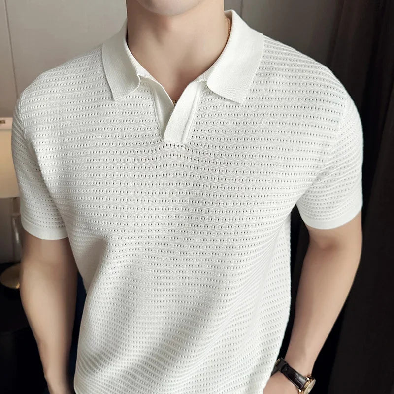 Hehope Men's Polo Shirt 2024 Summer New Thin Knitted Hollow Striped Jacquard Solid Short Sleeved V-neck T-shirt Casual Men's Clothing