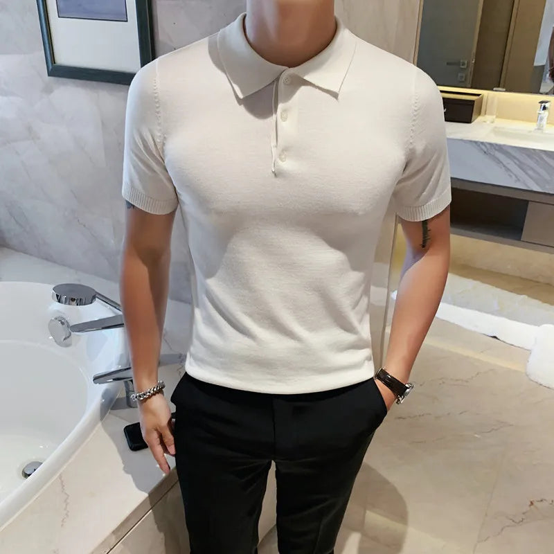 Hehope Mens Polo Shirts Summer New Hot Short Sleeve Ice Silk Fashion Lapel Solid Color Casual Slim Knit T Shirts Men's Clothing