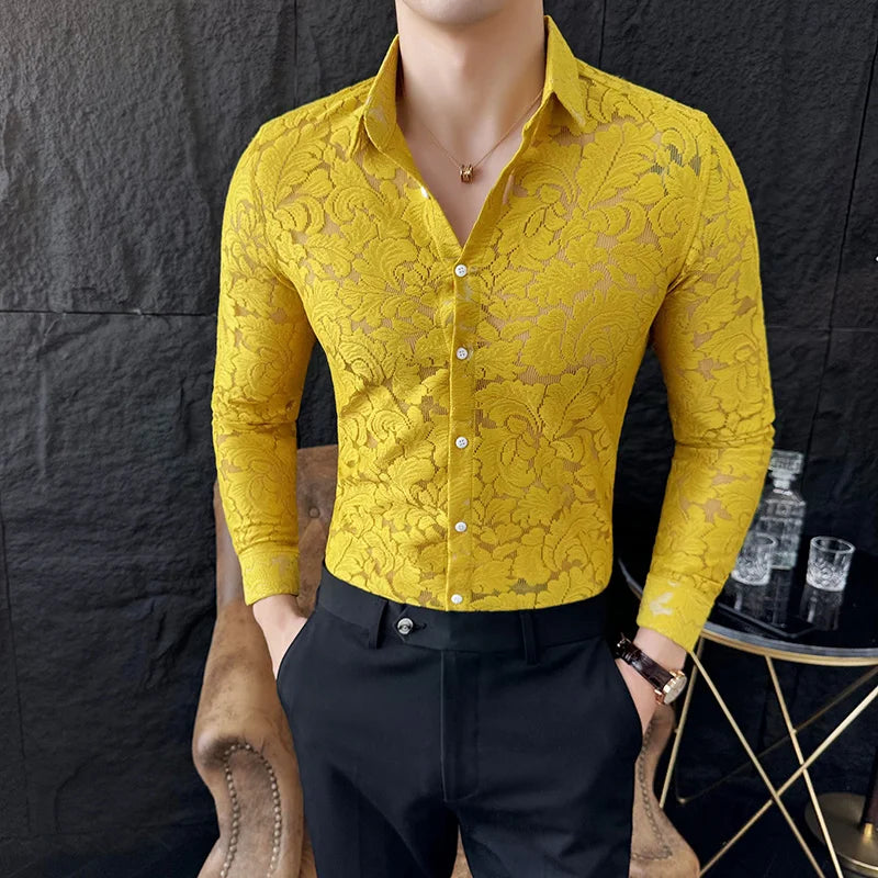 Hehope 2024 Spring Flower Hollow Out Shirt for Men Long Sleeve Solid Color Slim Casual Shirts Social Party Tuxedo Blouse Men Clothing