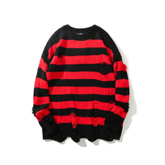 Hehope High Street Retro Punk Red and Black Stripes Autumn Sweater Men Loose Ripped Hole Tassel Pullover Round Neck Casual Clothes