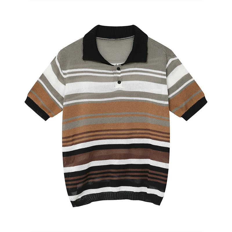 Hehope Vintage Y2K Striped Polo Shirt Mens Knitwear Summer Short Sleeve Buttoned Lapel Knit Tops For Men Casual Loose Breathable Polos