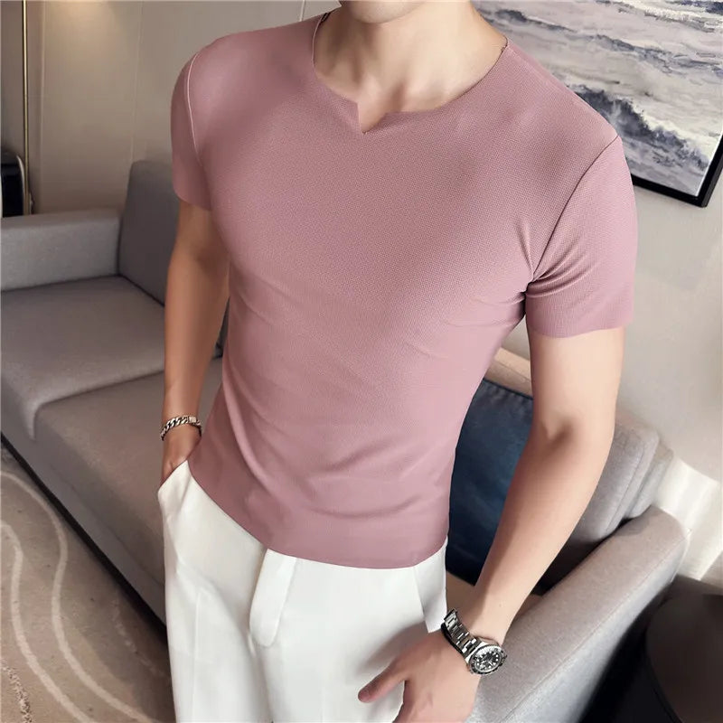 Hehope Men T Shirt Summer New Thin Ice Silk Solid Casual Short Sleeved Elastic Slim Fit T-shirt Tops Korean Fashion Men Clothing