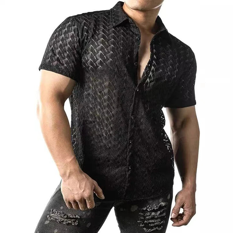 Hehope Fashion Summer New Men's Shirts Hollow-Out Lace Shirt Solid Geometric Patterns Lapel Perspective Short Sleeve Shirt For Male Top