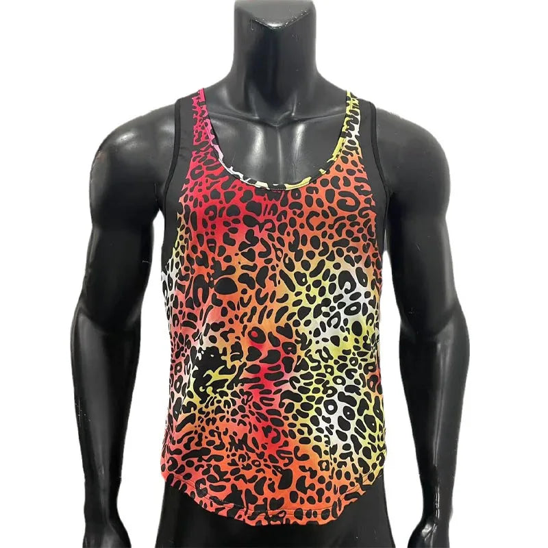 Hehope Men's Sexy Leopard Print Vest Casual Personality Punk Sleeveless Tee Men's Leopard Print Sleeveless T-shirt Male Sports Tank Top