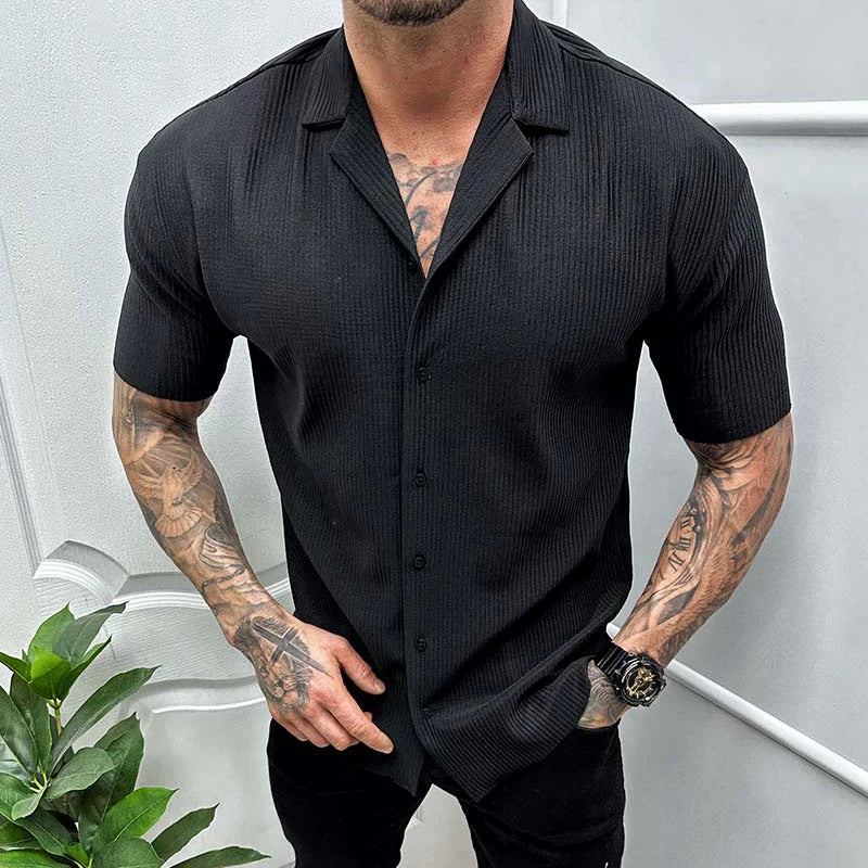 Hehope Leisure Solid Color Ribbed Shirts Men Clothes Fashion Short Sleeve Lapel Button Shirt 2023 Spring Summer Men's Casual Streetwear