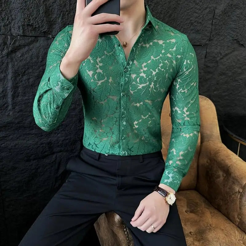 Hehope Sexy Semi Transparent Men's Through Flower Lace Sheer Shirt 2024 Summer New Long Sleeve Slim Fit Party Prom Social Shirts