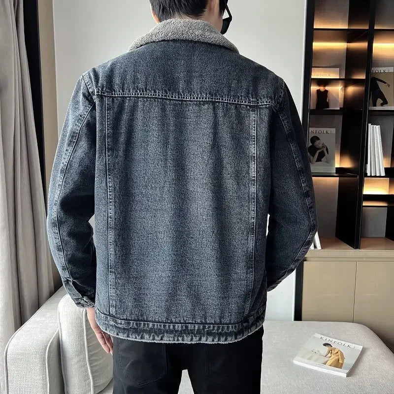 Hehope Denim Jackets Man Cargo Padded Gray Padding Wool Jeans Coat for Men Warm with Sheep of Fabric Korean Popular Clothes Washed Worn