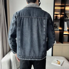 Hehope Denim Jackets Man Cargo Padded Gray Padding Wool Jeans Coat for Men Warm with Sheep of Fabric Korean Popular Clothes Washed Worn