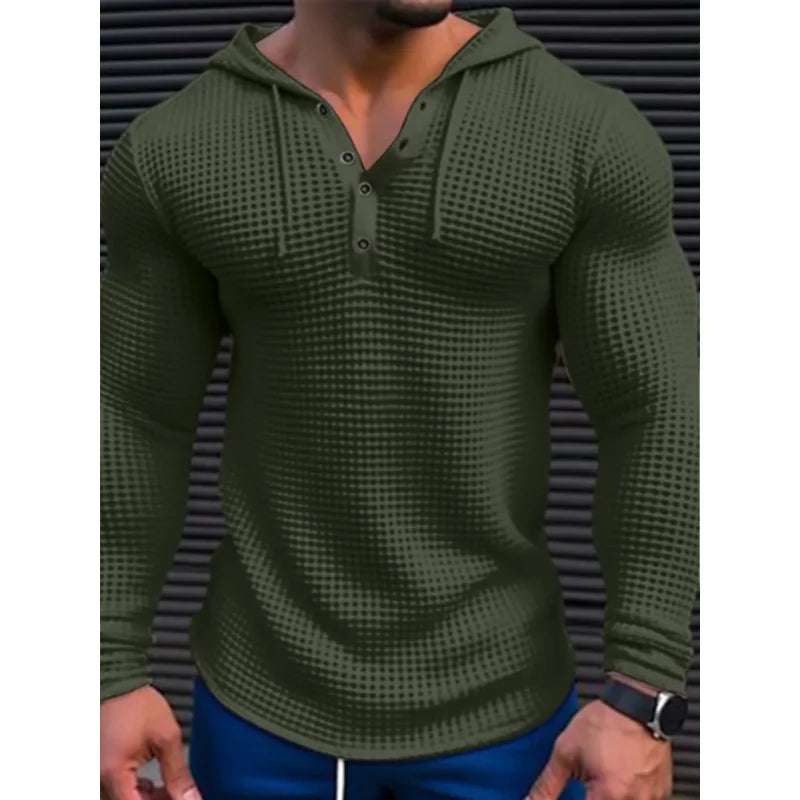 Hehope 2024 Man Solid Color Slim Fit Long Sleeve Thin hoodie Men's Henley Neck Breathable Sports Shirt Waffle Cotton Casual Long Sleeve