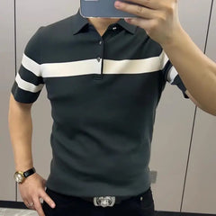 Hehope Summer Patchwork Polo Shirt Korean Trend Contrast Button Stripes Light Luxury Slim Casual Fashion Versatile Short Sleeve T-shirt