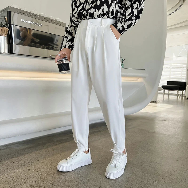 Hehope New Fashion Spring Summer Pants Men Tapered Bottom Slit Trousers Korean Style White Khaki Black Elastic Waist Casual Pants Man