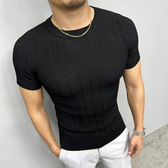 Hehope Summer Short Sleeve Knitted T-shirt Men Striped Round Neck T-shirts Elasticity Slim Fit Casual Business Social Bottoming Shirt