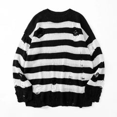 Hehope Autumn Winter Couple Stripe Sweaters Destroyed Ripped Sweater Men Pullover Hole Knitwear Women Oversized Fashion Harajuku Tops