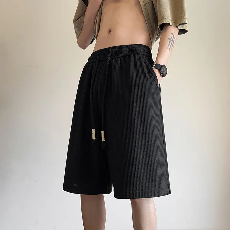 Hehope Summer Shorts Men Fashion Gray Black Pleated Shorts Men Streetwear Loose Ice Silk Shorts Mens Beach Shorts Large Size M-5XL