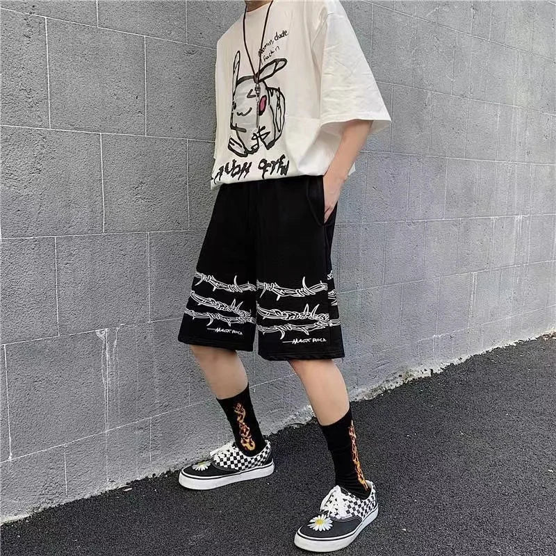 Hehope Summer trend ins dark high street hip-hop print personality casual shorts men's elastic waist tie quick-drying pants