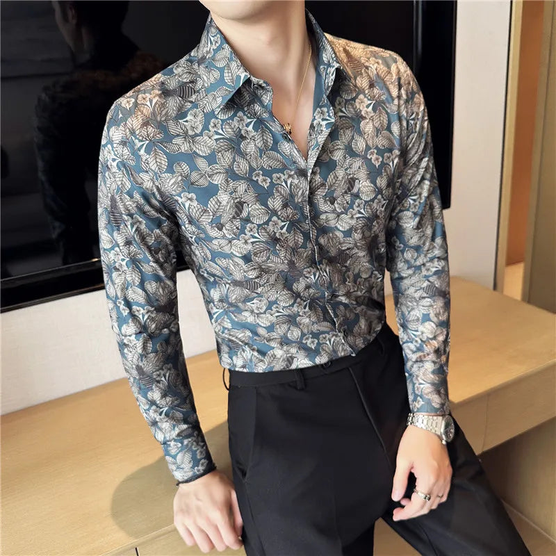 Hehope Mens Printed Shirt Autumn New Long Sleeved Elastic Slim Fit Camisas Club/Prom Tuxedo Dress Shirt Tops Casual Men Clothing