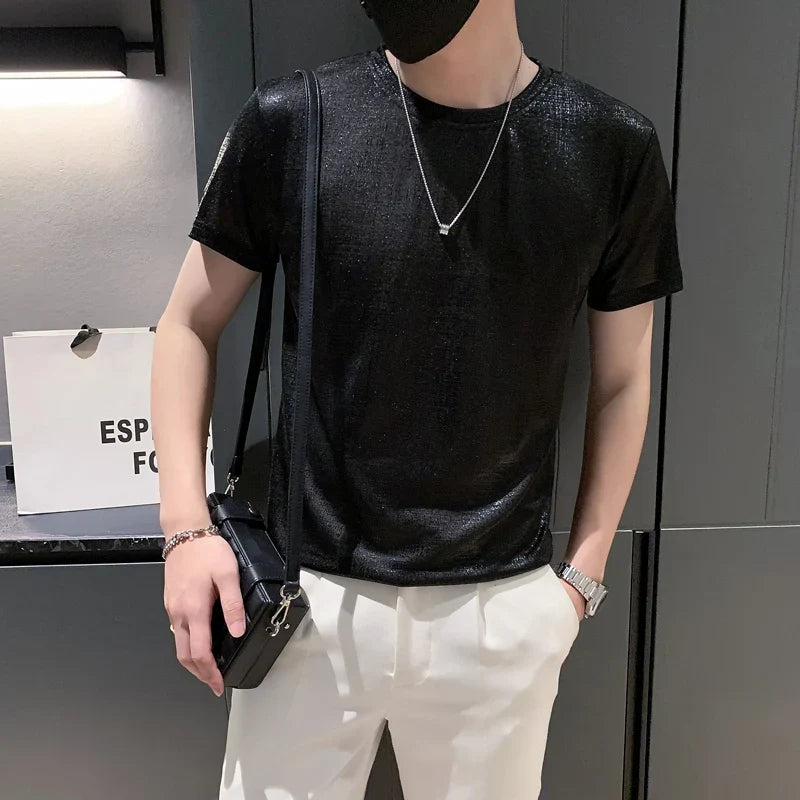 Hehope Summer Fashion Glossy T-shirt Men Short Sleeve Casual Tshirt Sexy Nightclub Stage Party T-shirt Streetwear Tee Top Men Clothing