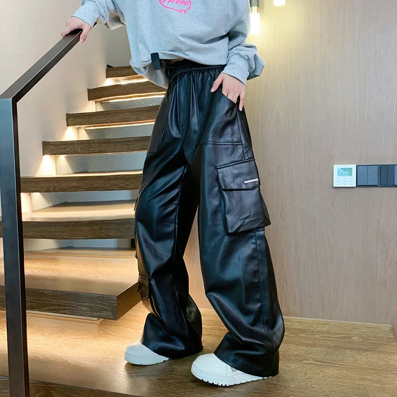 Hehope Black Leather Pants Men Oversized Retro Pocket Cargo Pants Men Streetwear Hip-hop Loose Wide Leg Pants Mens Motorcycle Trousers