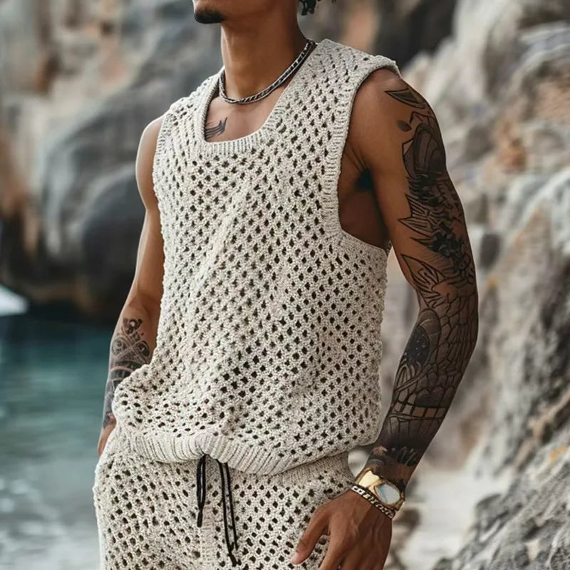 Hehope Men's Suits Summer Leisure Knit Clothing Solid Hollow Out Solid Casual Sleeveless Vest And Shorts Two Piece Sets Men Outfits