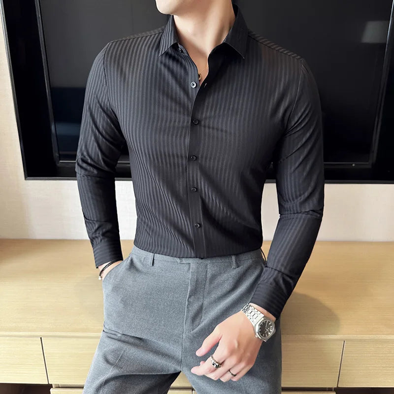 Hehope High Elastic Slim Fit Dress Shirt Men Autumn New British Style Long Sleeved Striped Camisa Masculina Casual Men Clothing