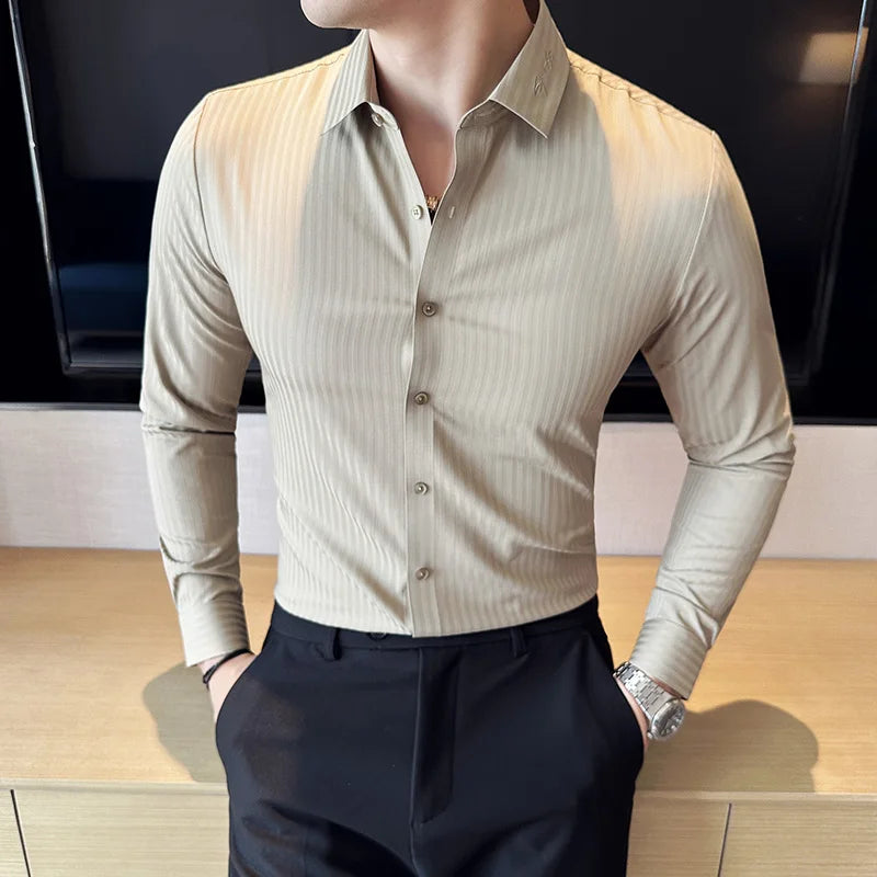 Hehope High Elastic Slim Fit Dress Shirt Men Autumn New British Style Long Sleeved Striped Camisa Masculina Casual Men Clothing