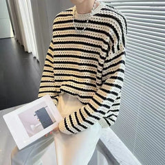 Hehope Stripe Knit T Shirts for Men Japan Korean Male Tops Luxury 90s Vintage Pullover F Polyester Elasticity Autumn New A Clothes