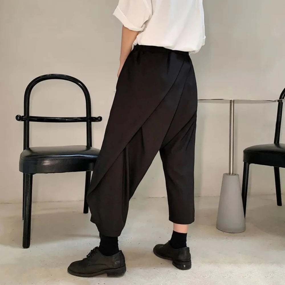 Hehope Men Double-Layer Irregular Pleated Wide-Leg Pants 2024 New Genderless Dark Style Retro Loose Solid Color Nine-Point Pants Unisex