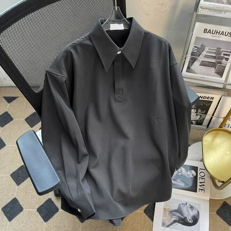 Hehope New Spring and Autumn Simple Commuting Polo Collar Business Style Casual Loose Fit No Iron Drop Solid Color Versatile Shirt