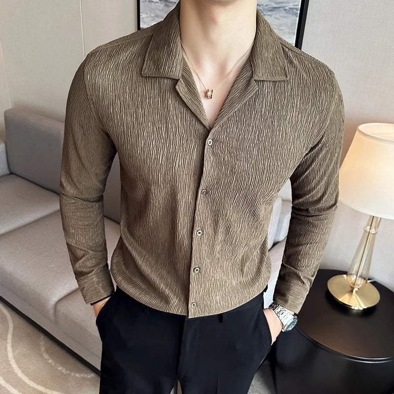 Hehope Men Shirts Autumn New Long Sleeved V-neck Slim Fit Camisas Solid Casual Top Formal Dress Shirt Korean Fashion Men Clothing