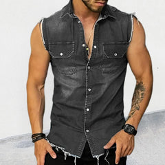 Hehope Streetwear Mens Fashion Denim Vest Shirts Turn-down Collar Button-up Sleeveless Denim Tank Tops For Men Spring Summer Jean Vest