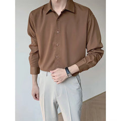 Hehope High-end Brown Ice Silk Shirts for Men and Women 2024 Spring Korean Fashion Loose Solid Color Long Sleeve Button Men's Shirt