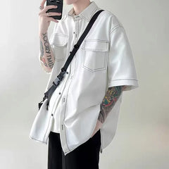 Hehope Summer Short Sleeved Shirt Men Fashion Retro Black White Shirt Men Streetwear Korean Loose Casual Shirt Mens Vintage Shirts