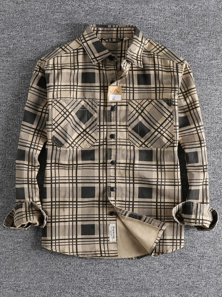 Hehope Autumn American Retro Long Sleeve Plaid Casual  Shirt Men's Fashion 100% Cotton Washed Slim Blouses Thin Coat