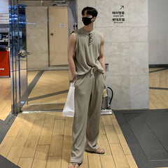 Hehope Fashion Men Vest Tshirt SetsTracksuit Sportswear Sleeveless T-shirt Long Pants Streetwear 2 Piece Set Male Clothes