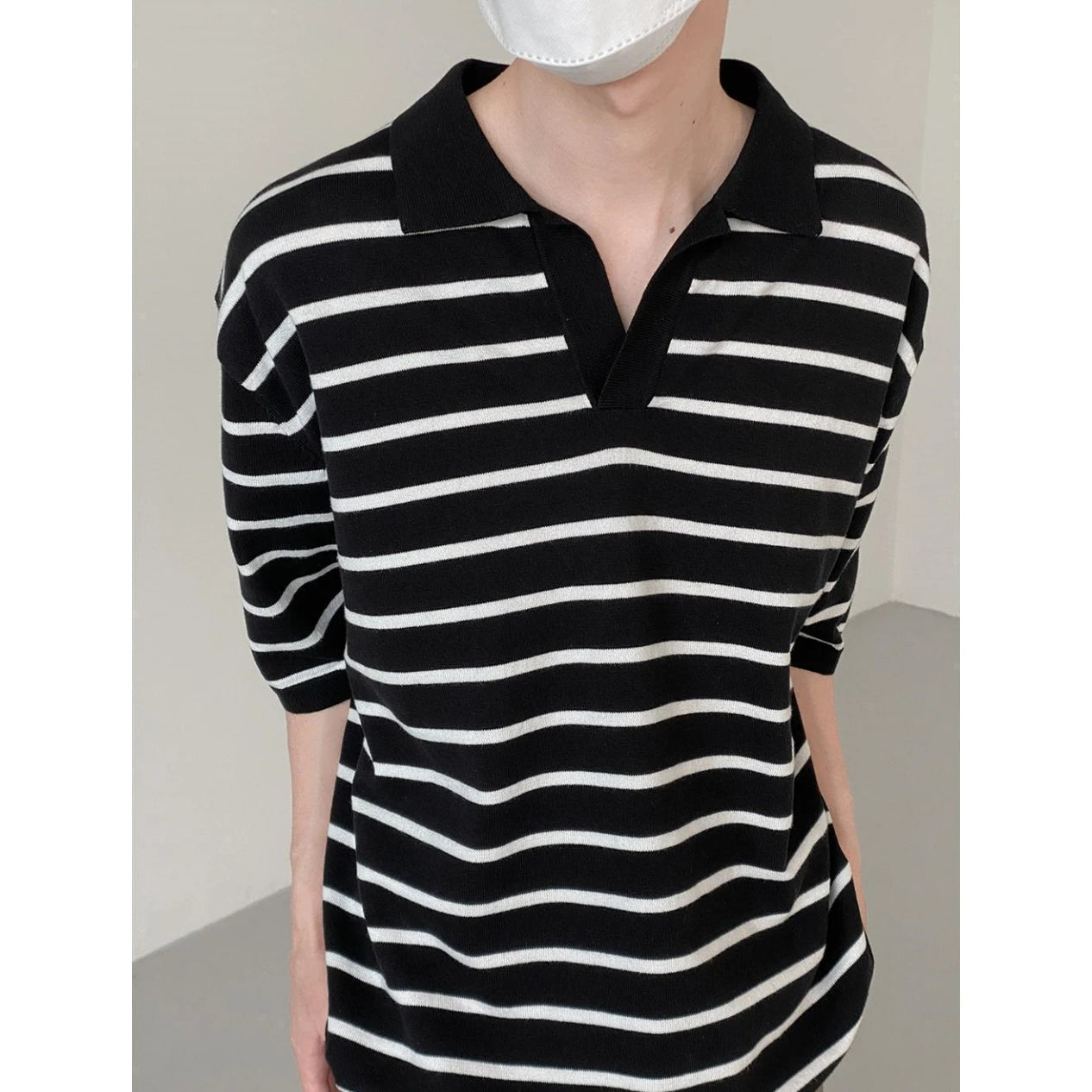 Hehope Korean Style High Quality Summer Lapel Polo T Shirt for Men Striped Knitted Top Casual Loose Men's Short Sleeve Tee Polo Shirt