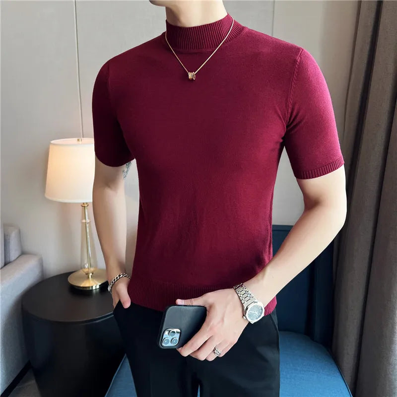 Hehope Men Short Sleeve T-Shirt Knitted Pullover 2024 Summer High Elastic Solid Casual Stripe Slim Fit Half High Collar Knit Sweater