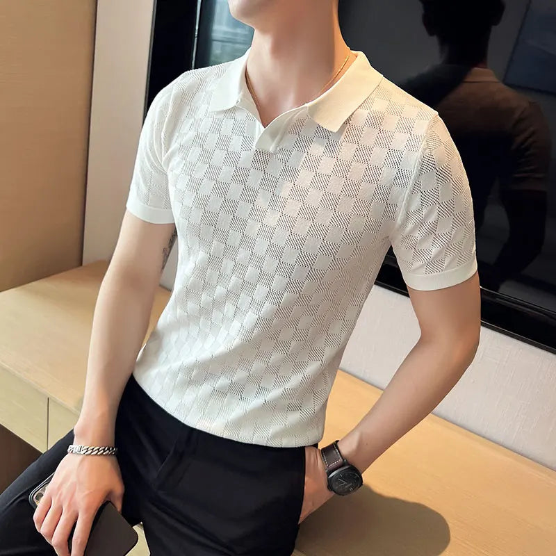 Hehope Men Polo Shirt Summer New Thin Ice Silk Elastic Casual Slim Fit Knitted Short Sleeve Polo Shirts British Style Men Clothing