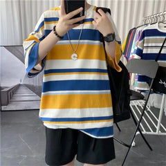 Hehope Summer Loose Casual Oversized Men's Clothing Hong Kong Breeze Striped Printed Short Sleeve Round Neck Trend All-match T-shirt