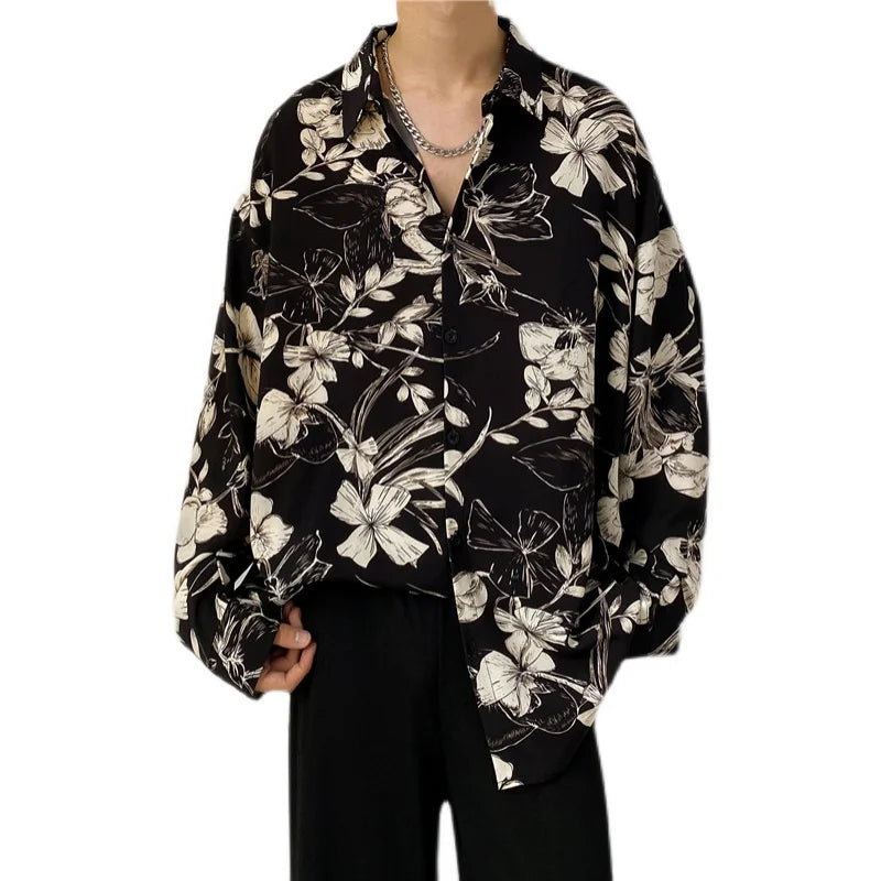 Hehope New Autumn Luxury Fashion Oversized Men Shirt Casual Flowers Print Loose Long Sleeve Shirts for Men Clothing Tops