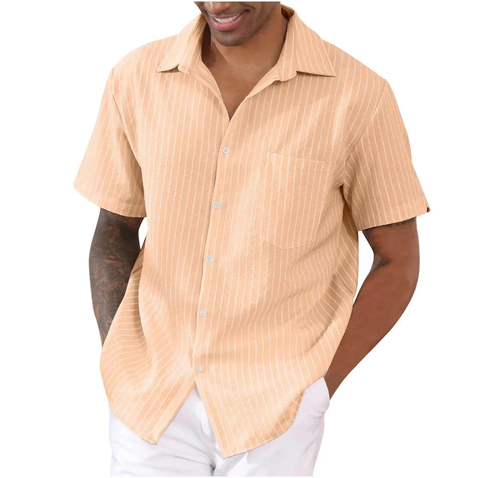 Hehope Fashion Men's Striped Short Sleeve Shirt Casual Cotton Linen Button Loose Turn-down Collar Shirt For Men Tops Summer New S-2X