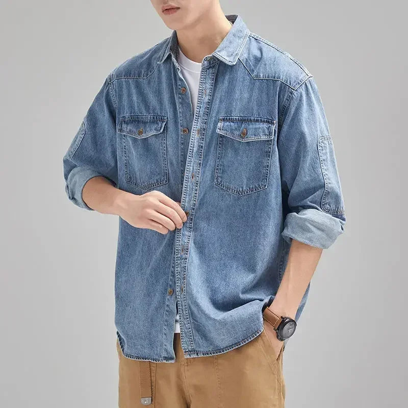 Hehope Denim Jackets Man Autumn Shirt Jeans Coat for Men Solid Color Blue Low Cost Y2k Trendy Cowboy Clothing One Piece Fashion Casual