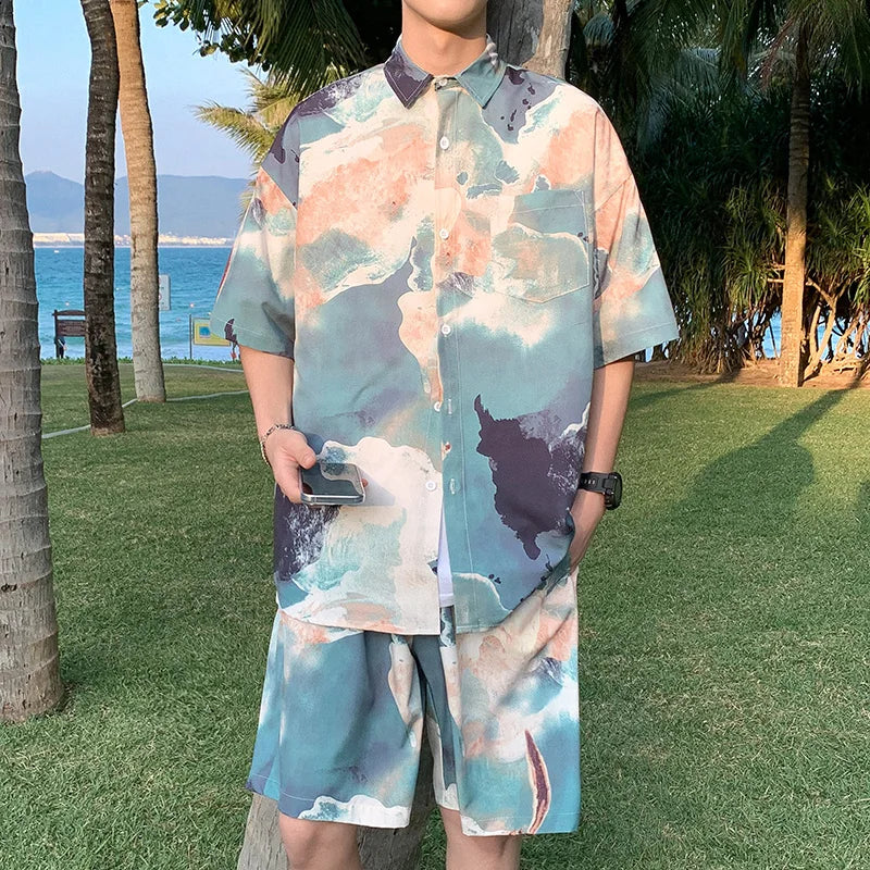 Hehope Summer Men's Two-piece Suit Oversize Shirt and Shorts Graffiti Print Hawaiian Style Outfits Casual Thin Short Sets for Men