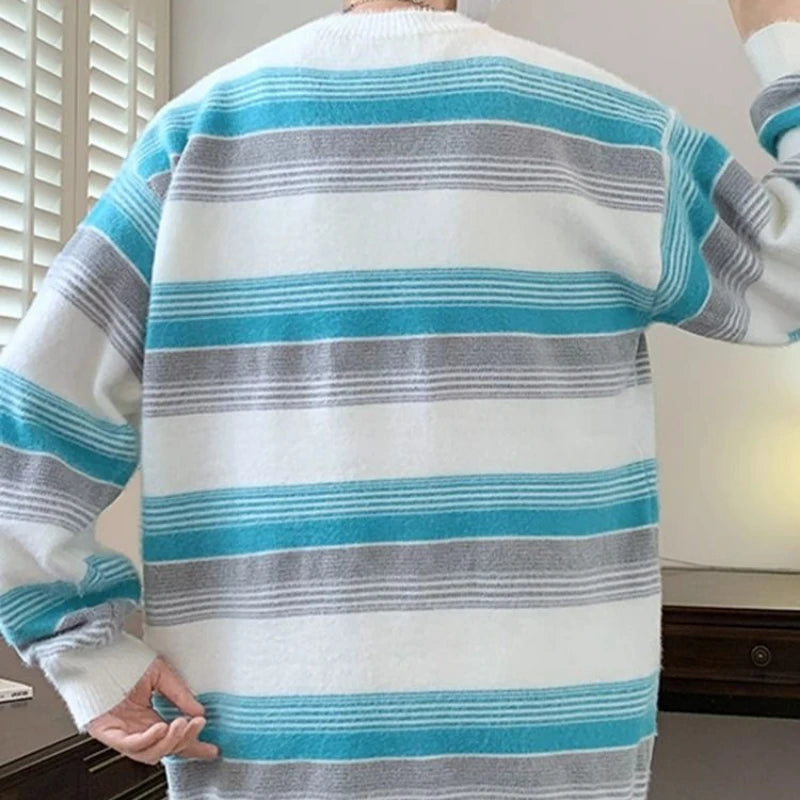 Hehope Autumn Winter New Fashion Round Neck Long Sleeve Striped Pullovers Men's Clothing Casual Loose Korean All-match Knitting Tops